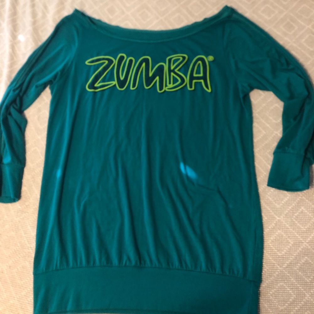 Zumba teal boat neck 3/4 length sleeve top large